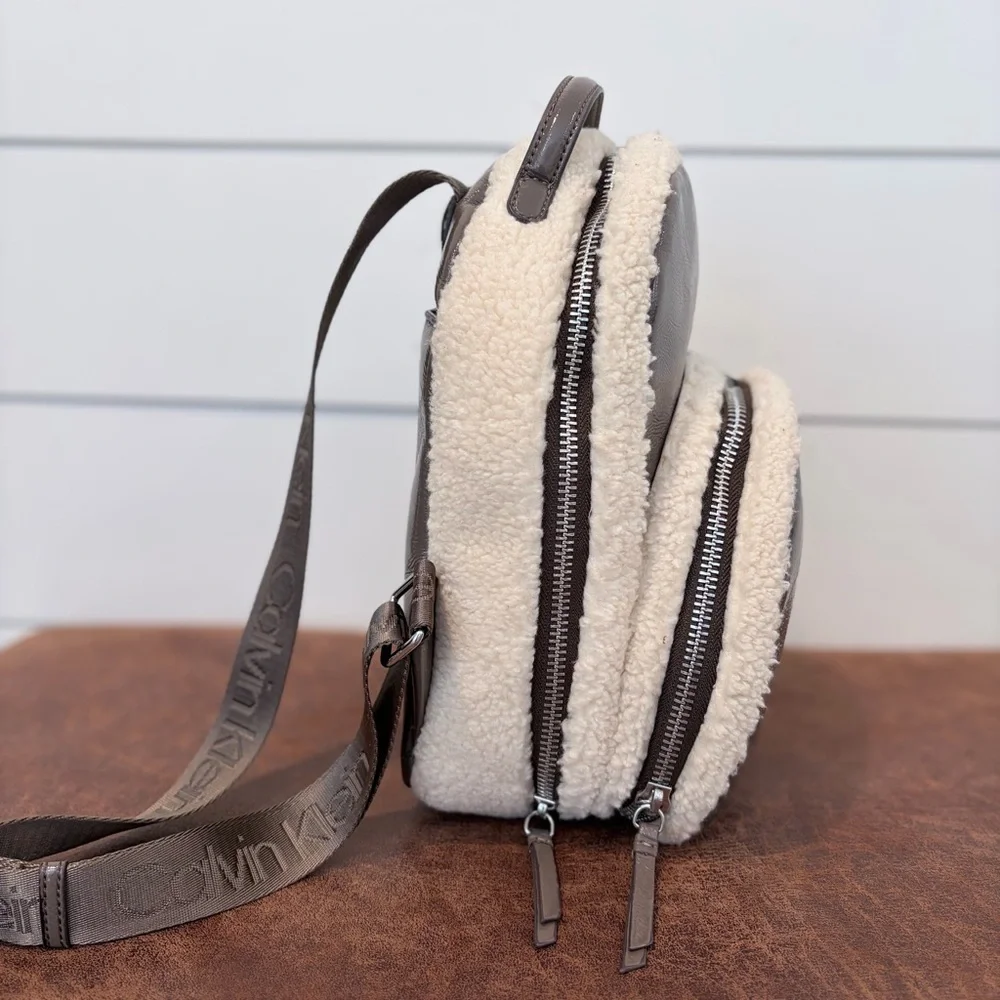 Calvin Klein Teddy Sherpa Mini Backpack Taupe Brown Soft Girl Y2K Chic